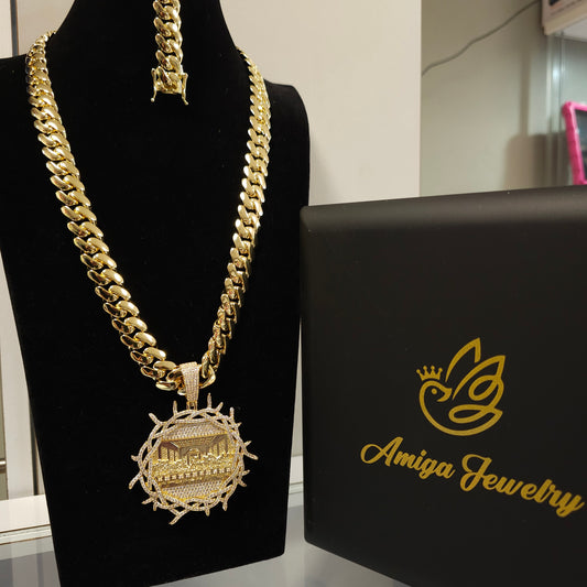 Set Cubana 14mm x 24" PVD Hechas a Mano + Charm Última Cena (Eslabón Pegado)