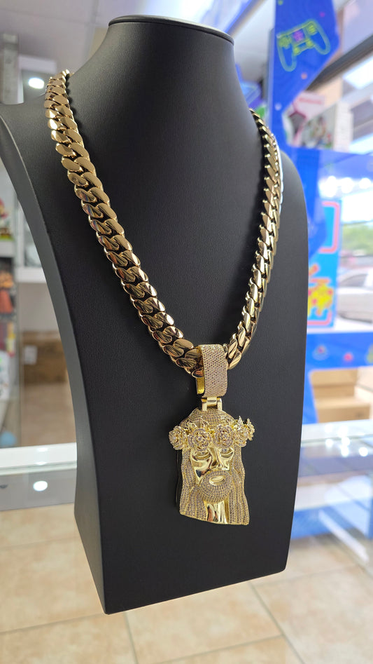 Set Cuban 15MM + Charm de Jesús PVD PREMIUM Hechas a Mano (Eslabón Pegado)
