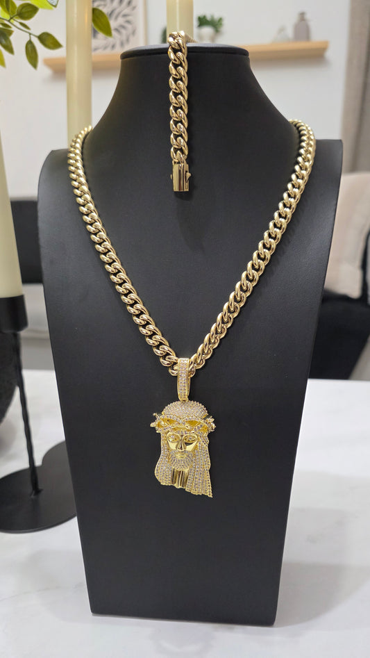 Set Cubana Stainless Steel PVD 10mm+Charm de Jesús 1 Año de Garantía+Color 14K Real