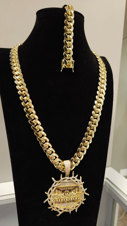 Set Cubana 14mm x 24" PVD Hechas a Mano + Charm Última Cena                  (Eslabón Pegado)