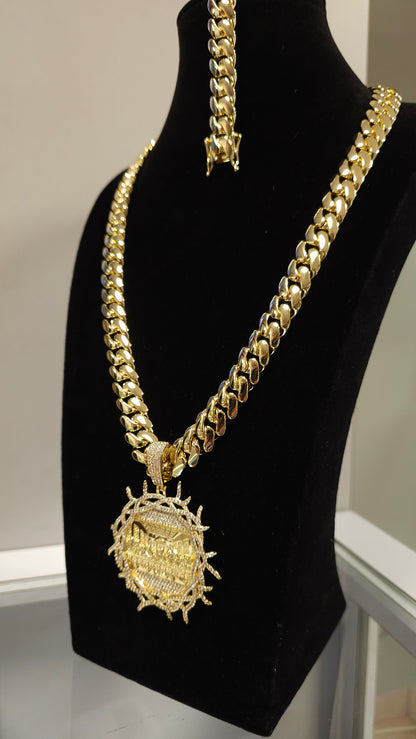 Set Cubana 14mm x 24" PVD Hechas a Mano + Charm Última Cena                  (Eslabón Pegado)