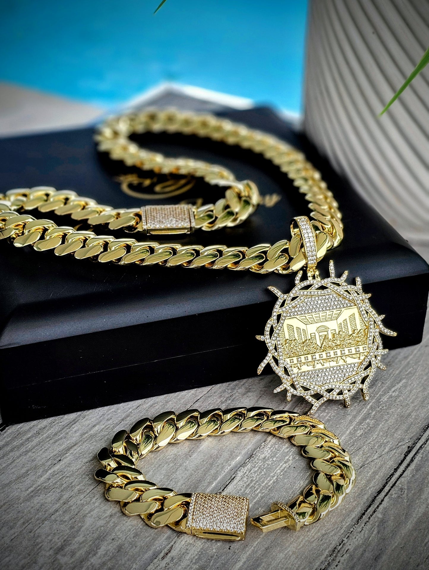 Set Cadena Miami Cuban y Brazalete 16mm PVD + Charm , Hechas a Mano