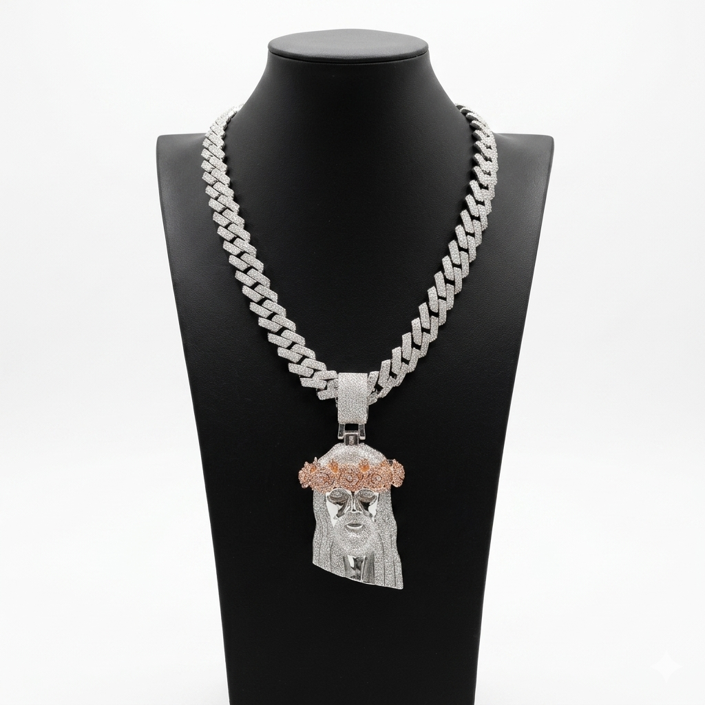 Ice Cuban Silver 15mm x 22" + Charm Jesus