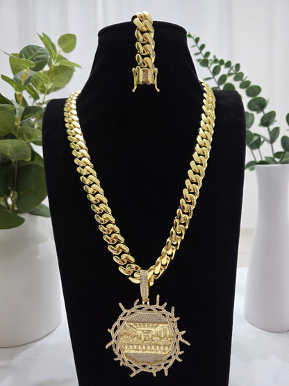 Set Cubana 14mm x 24" PVD Hechas a Mano + Charm Última Cena                  (Eslabón Pegado)