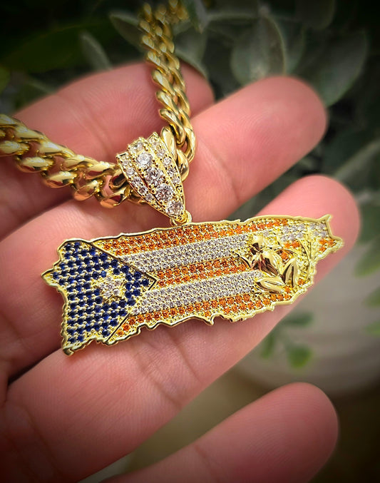 Bello Charm de Puerto Rico a Color con Cadena Stainless Steel PVD.       (1 Año de Garantía)