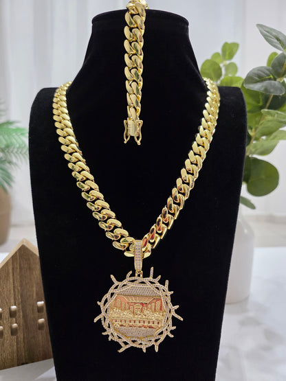 Set Cubana 14mm x 24" PVD Hechas a Mano + Charm Última Cena                  (Eslabón Pegado)