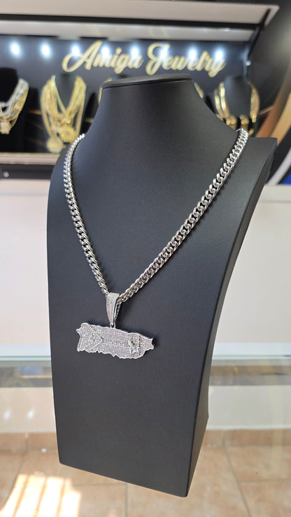 Cubana 8mm x 24" + Charm de Puerto Rico 2.5"  Stainless Steel (Plateado)
