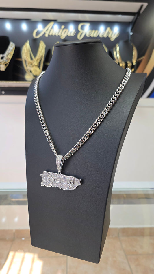 Cubana 8mm x 24" + Charm de Puerto Rico 2.5"  Stainless Steel (Plateado)
