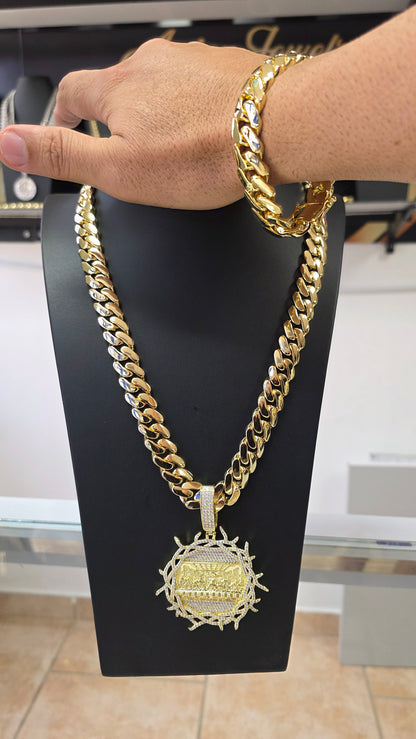 Set Cuban 15MM + Charm de la Última cena PVD  Hechas a Mano  (Eslabón Pegado)