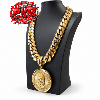Nuevo PVD Premium Xtreme Cubana Miami Cuban 22MM +        Dije de Jesús ,Hechas a Mano                   (Eslabón Pegado)