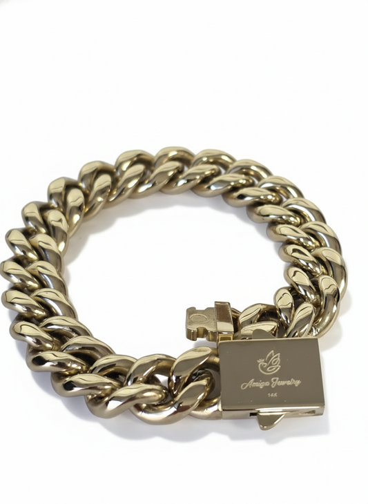 Brazalete Miami Cuban 12MM  Stainless Steel PVD, Color 14k Real 1 Año de Garantía