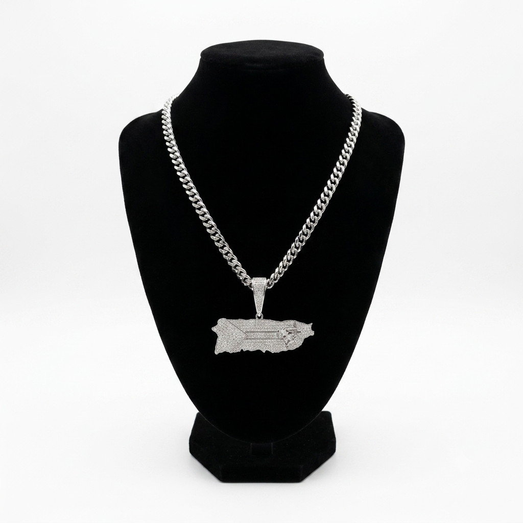 Cubana 8mm x 24" + Charm de Puerto Rico 2.5"  Stainless Steel (Plateado)