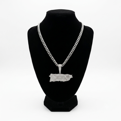 Cubana 8mm x 24" + Charm de Puerto Rico 2.5"  Stainless Steel (Plateado)