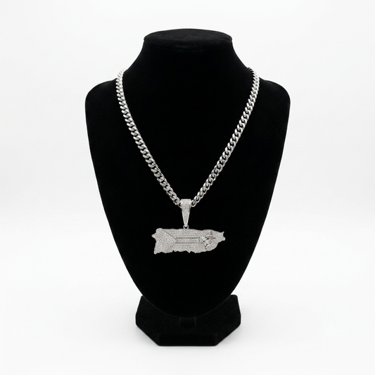 Cubana 8mm x 24" + Charm de Puerto Rico 2.5"  Stainless Steel (Plateado)