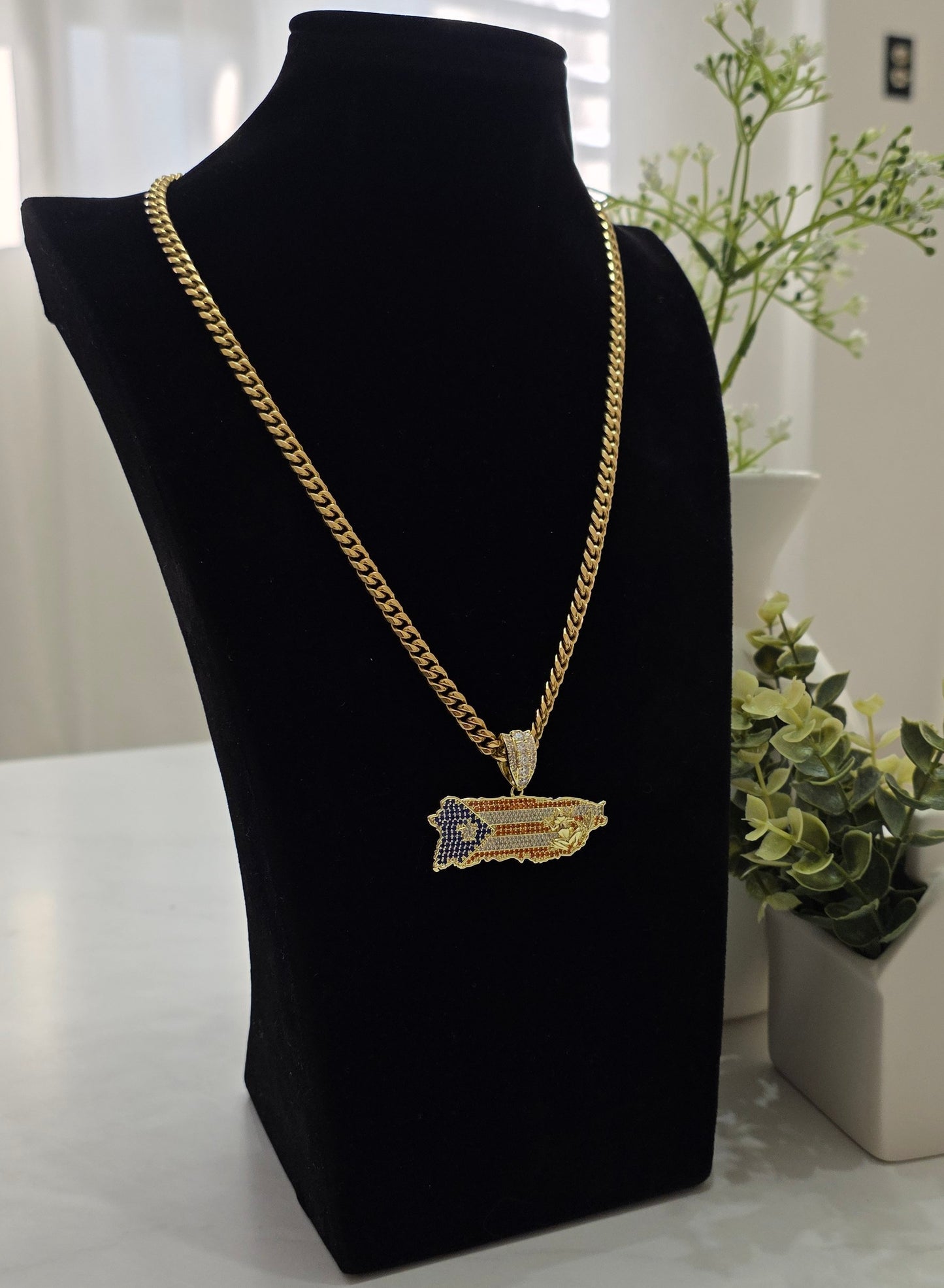 Bello Charm de Puerto Rico a Color con Cadena Stainless Steel PVD.       (1 Año de Garantía)